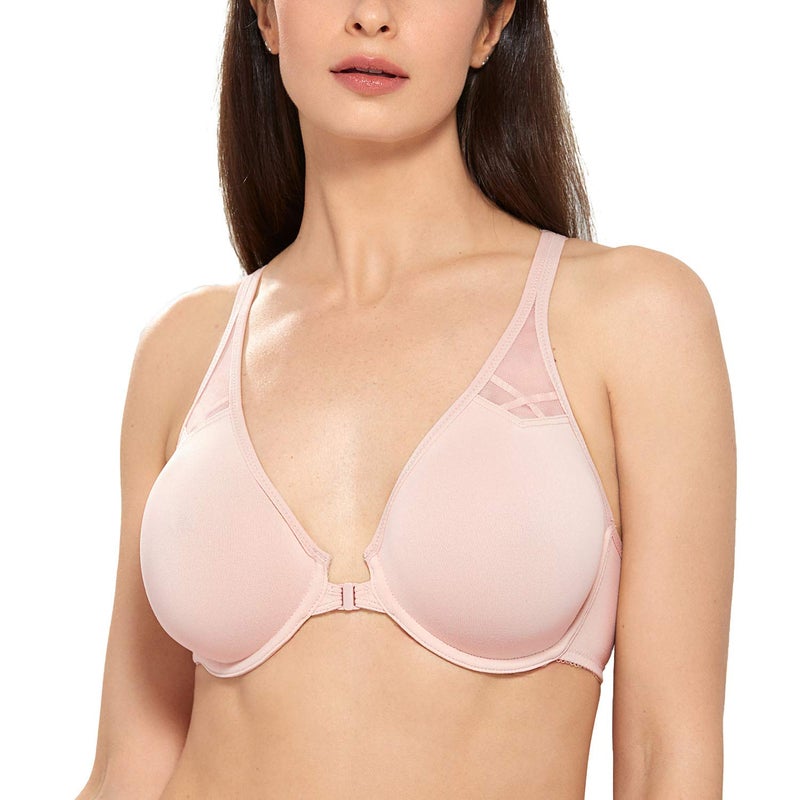 DELIMIRA Women's Front Closure Racerback Bras Plus Size Full Coverage Supportive Underwire Plunge Unlined Bra Gentle Rose 34DD - Image 1